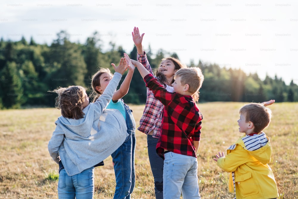 Portrait of group of school children standing on field trip in nature, giving high five.