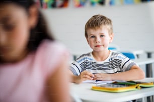 Un piccolo scolaro felice seduto al banco in classe, guardando la telecamera.