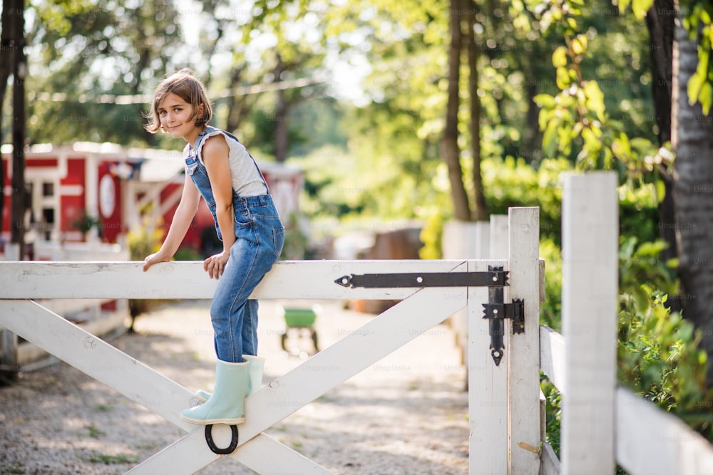 Ein Porträt eines glücklichen kleinen Mädchens auf dem Bauernhof der Familie, das auf einem Holztor sitzt.