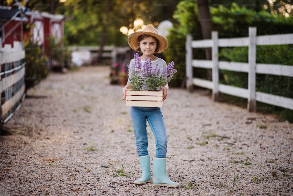 A front view of small girl with a hat standing outdoors on family farm, holding plants.