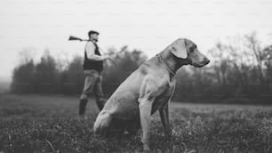 Um homem caçador com cachorro em roupas tradicionais de tiro no campo segurando espingarda, foto em preto e branco.