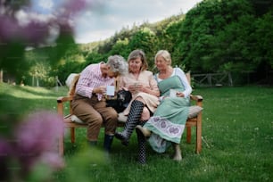 Happy senior women friends sitting on a bench and drinking tea outdoors in garden, laughing.