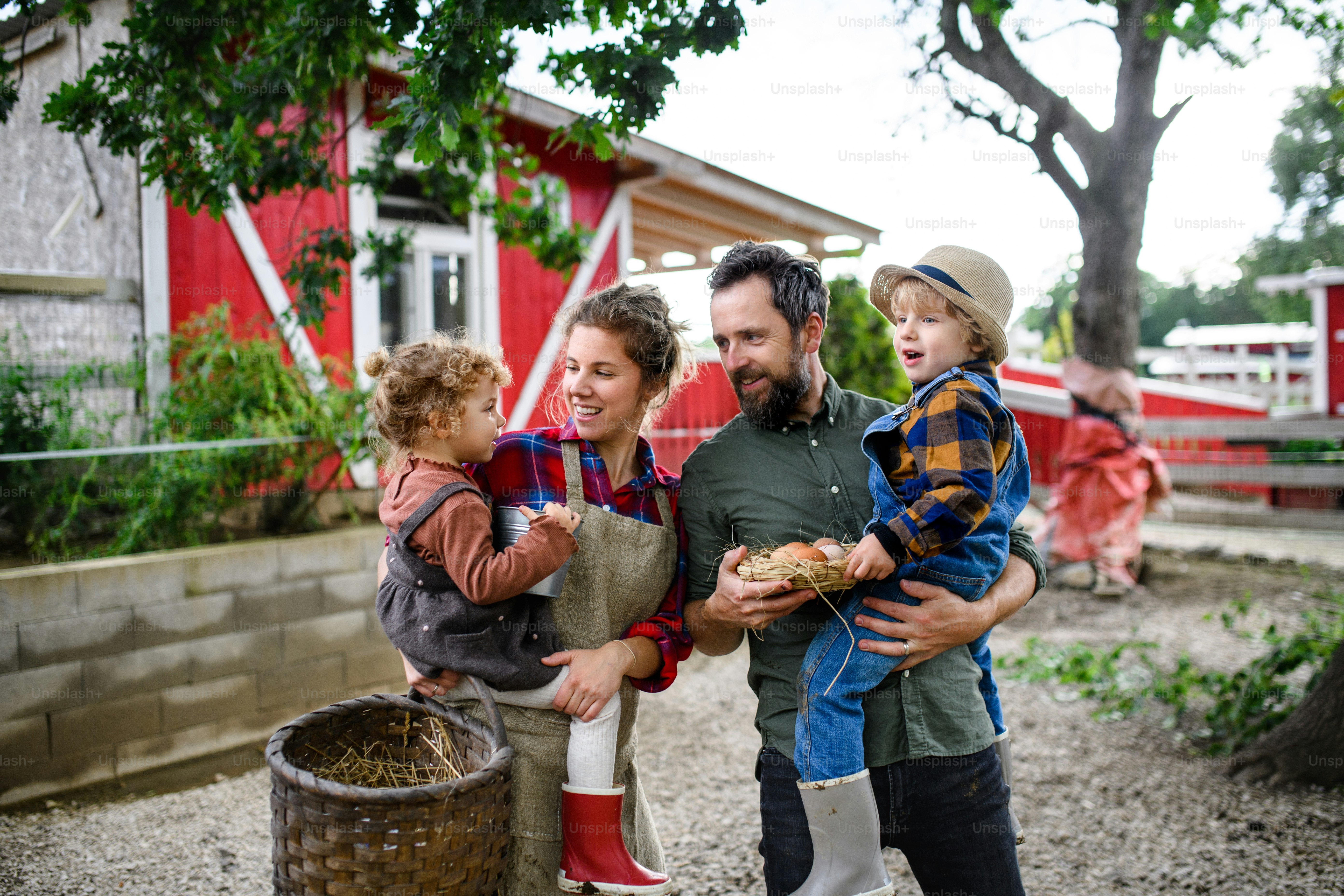 Ritratto di famiglia felice con bambini piccoli in piedi sulla fattoria, tenendo cesto con uova