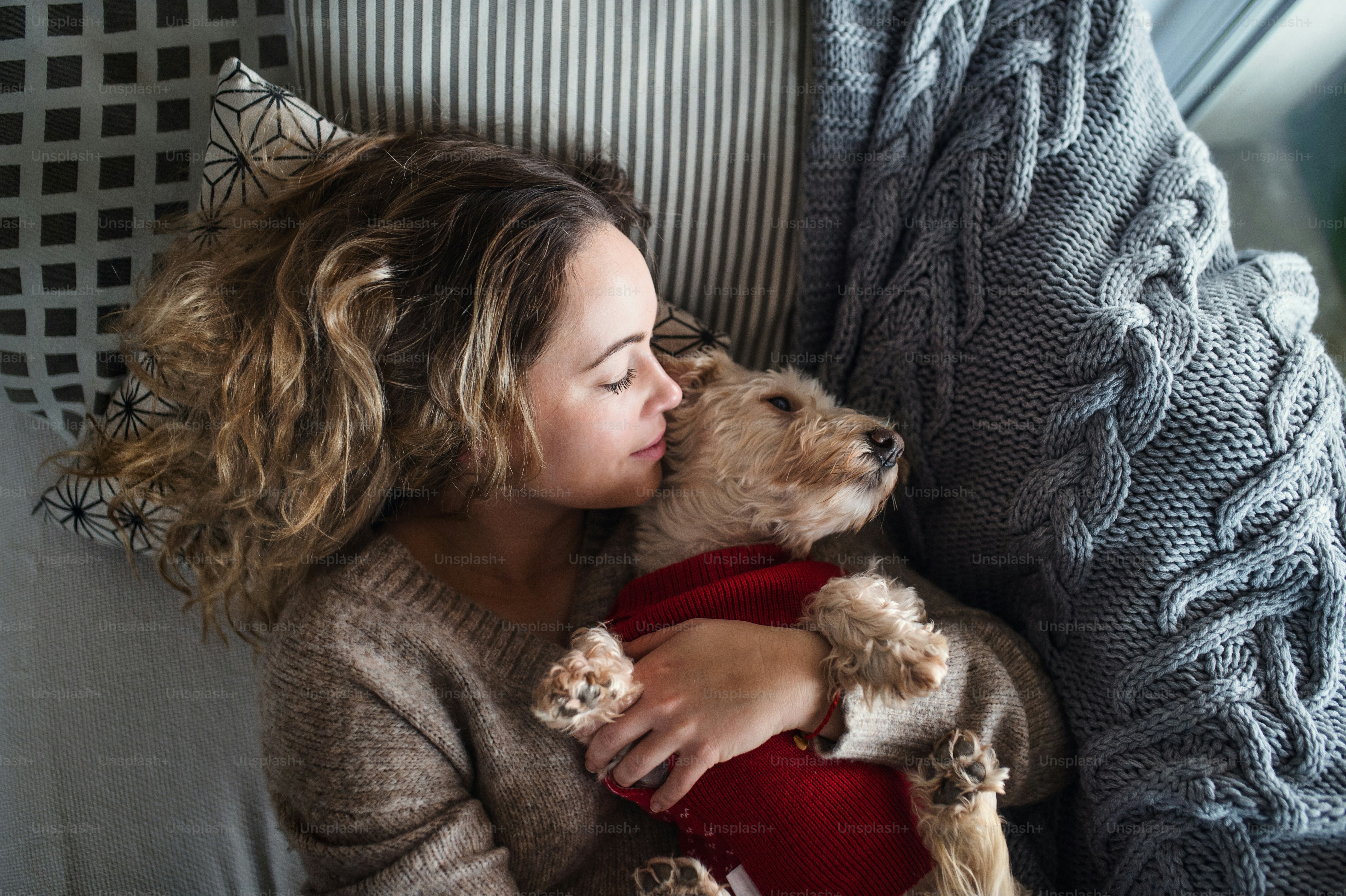 Top view of happy young woman relaxing indoors on sofa at home with pet dog.