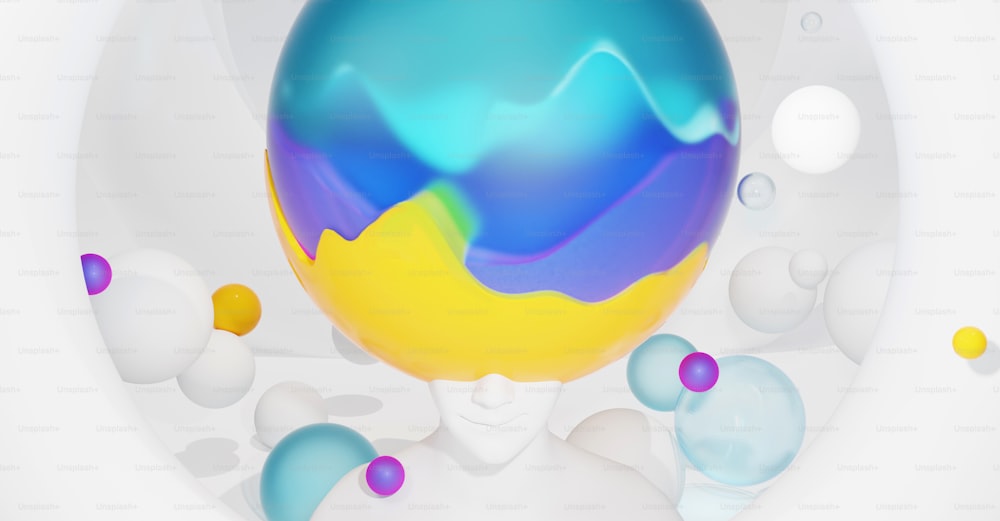 a blue and yellow ball surrounded by bubbles