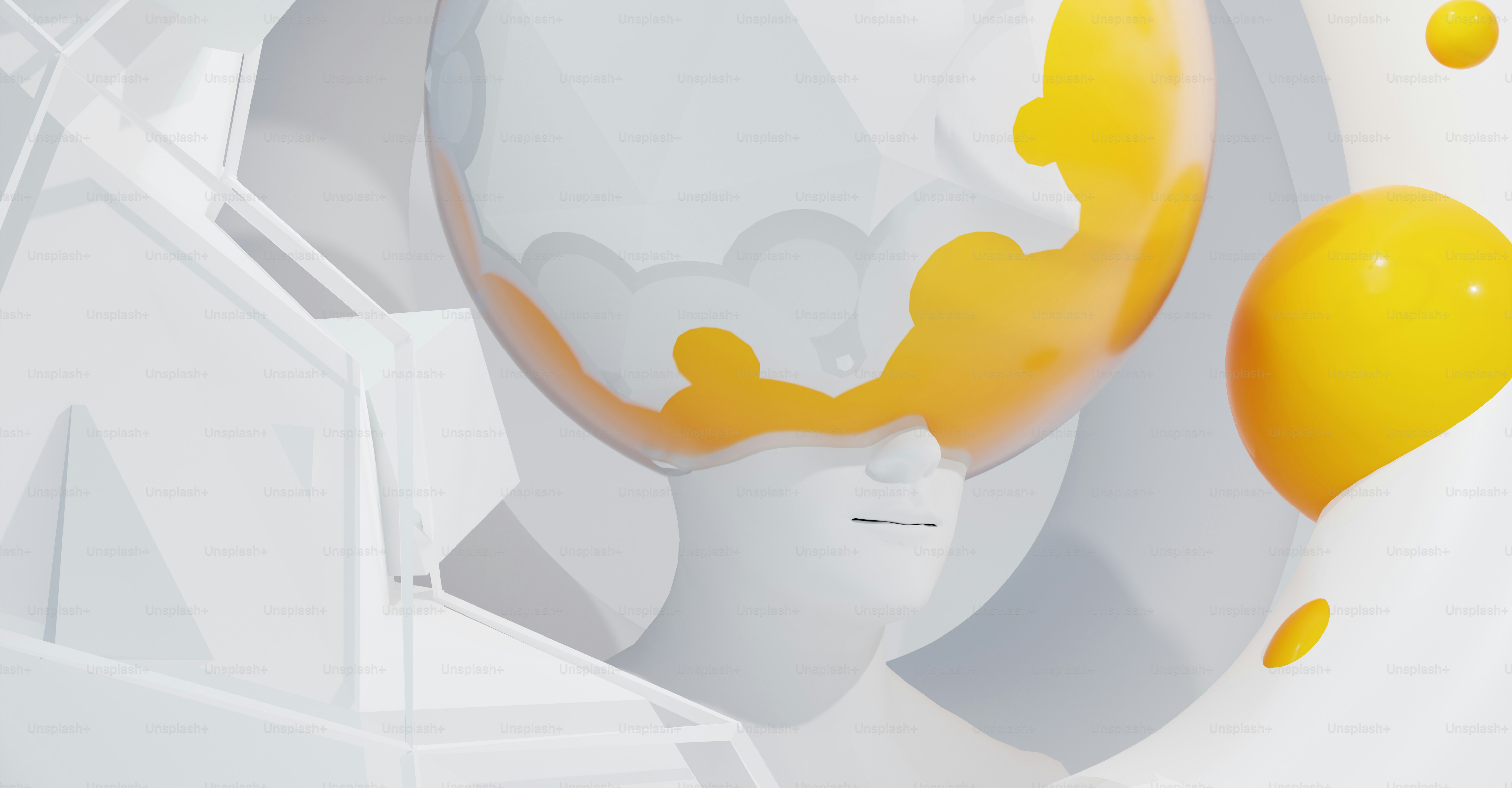 ein abstraktes Gemälde eines gelb-weißen Objekts