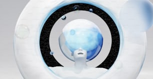 un oggetto blu e bianco con bolle e bolle intorno
