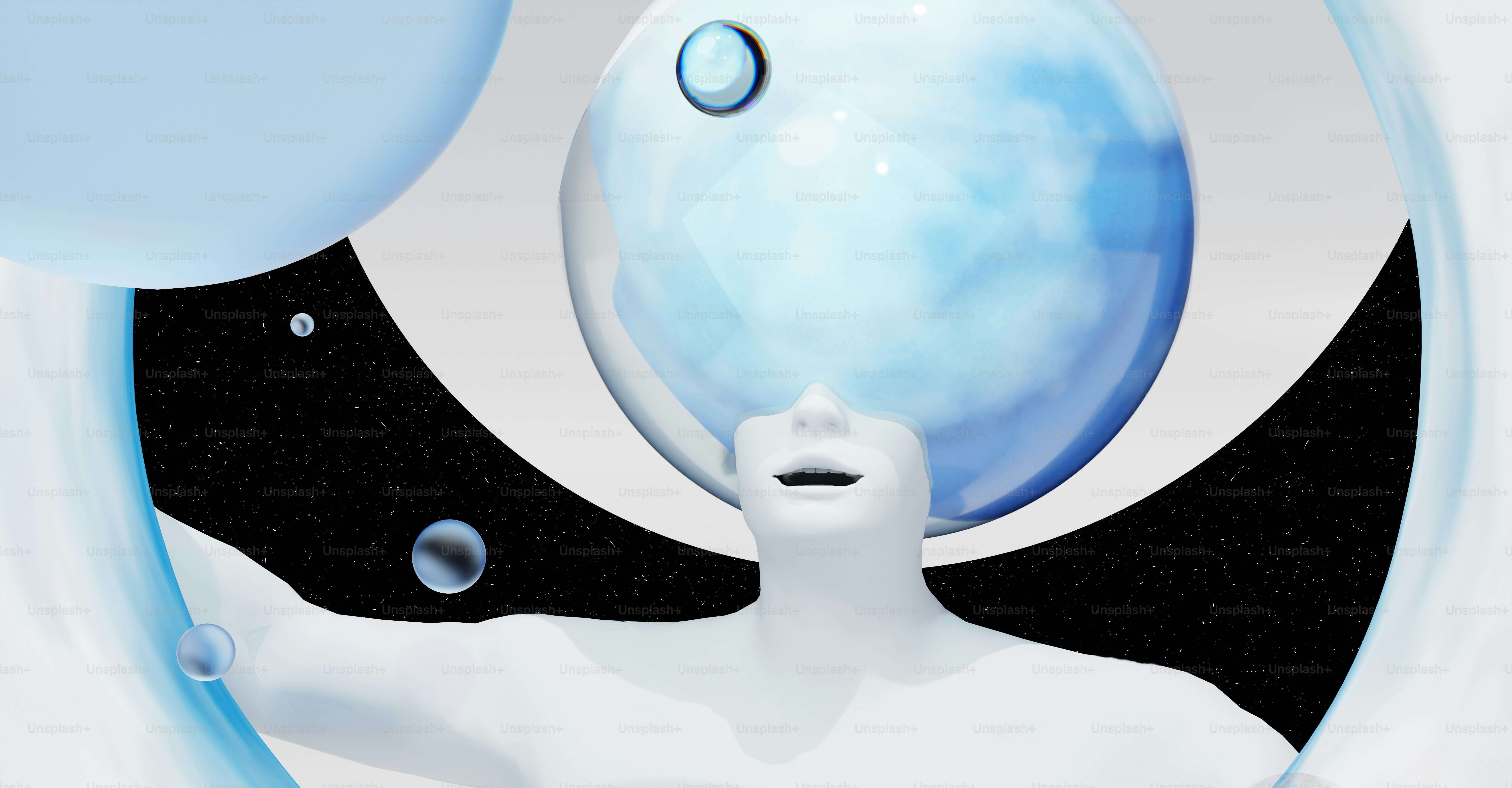 Ein Mann mit ausgestreckten Armen vor einer blauen Kugel