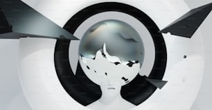 an abstract image of a woman's head surrounded by arrows