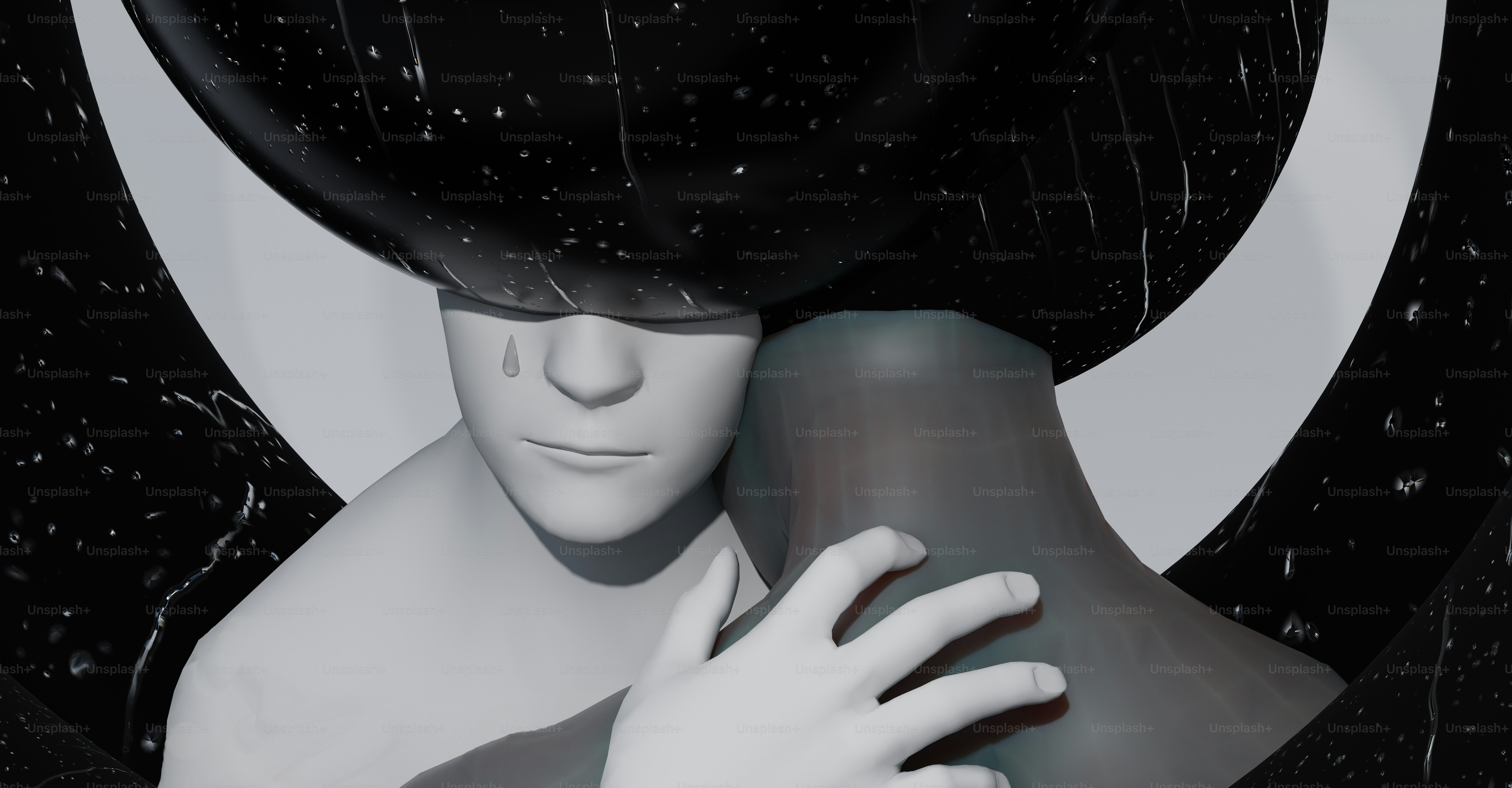 eine weiße Schaufensterpuppe, die einen schwarzen Regenschirm hält