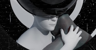 un maniquí con un sombrero negro y un fondo blanco y negro
