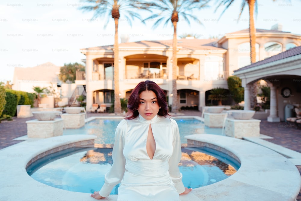 Une femme en robe blanche debout devant une piscine