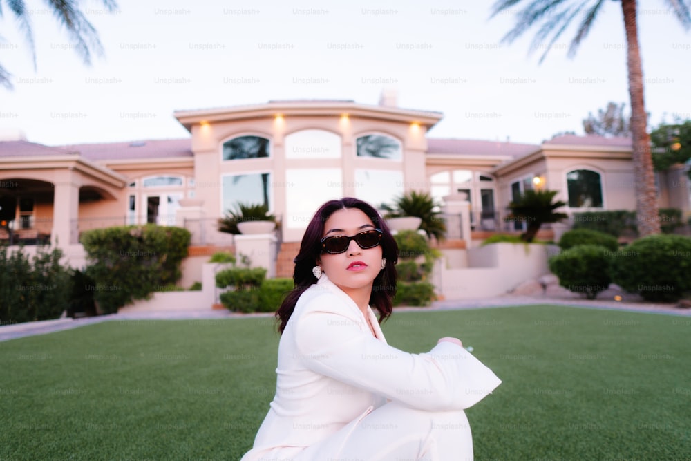 a woman sitting on the grass in front of a house