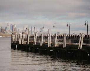 a pier with a city in the background