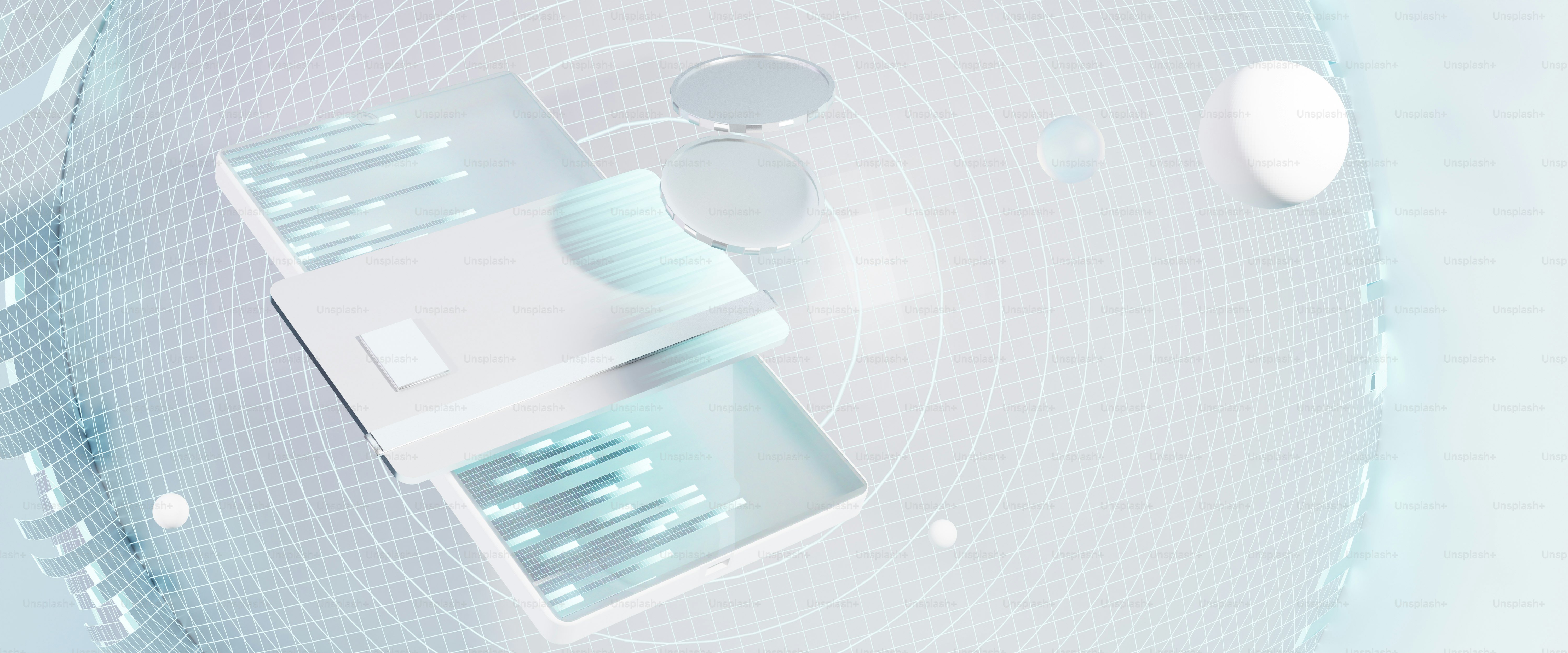 그 위에 노트북이 있는 테이블의 컴퓨터 생성 이미지