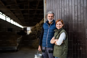 Hommes et femmes travailleurs debout dans une ferme laitière, l’industrie agricole.