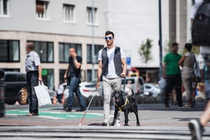Un giovane cieco con bastone bianco e cane guida che cammina sul marciapiede in città.