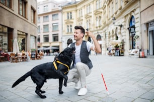 市内のペデストレインゾーンにいる白い杖と盲導犬を持つ若い盲目の男性。