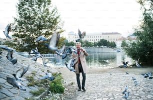 Hombre de negocios maduro y guapo caminando por el río Vltava en la ciudad de Praga, dispersando una bandada de palomas. Espacio de copia.