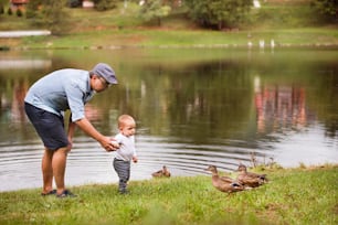 Father and little boy spending time together outside in green nature.