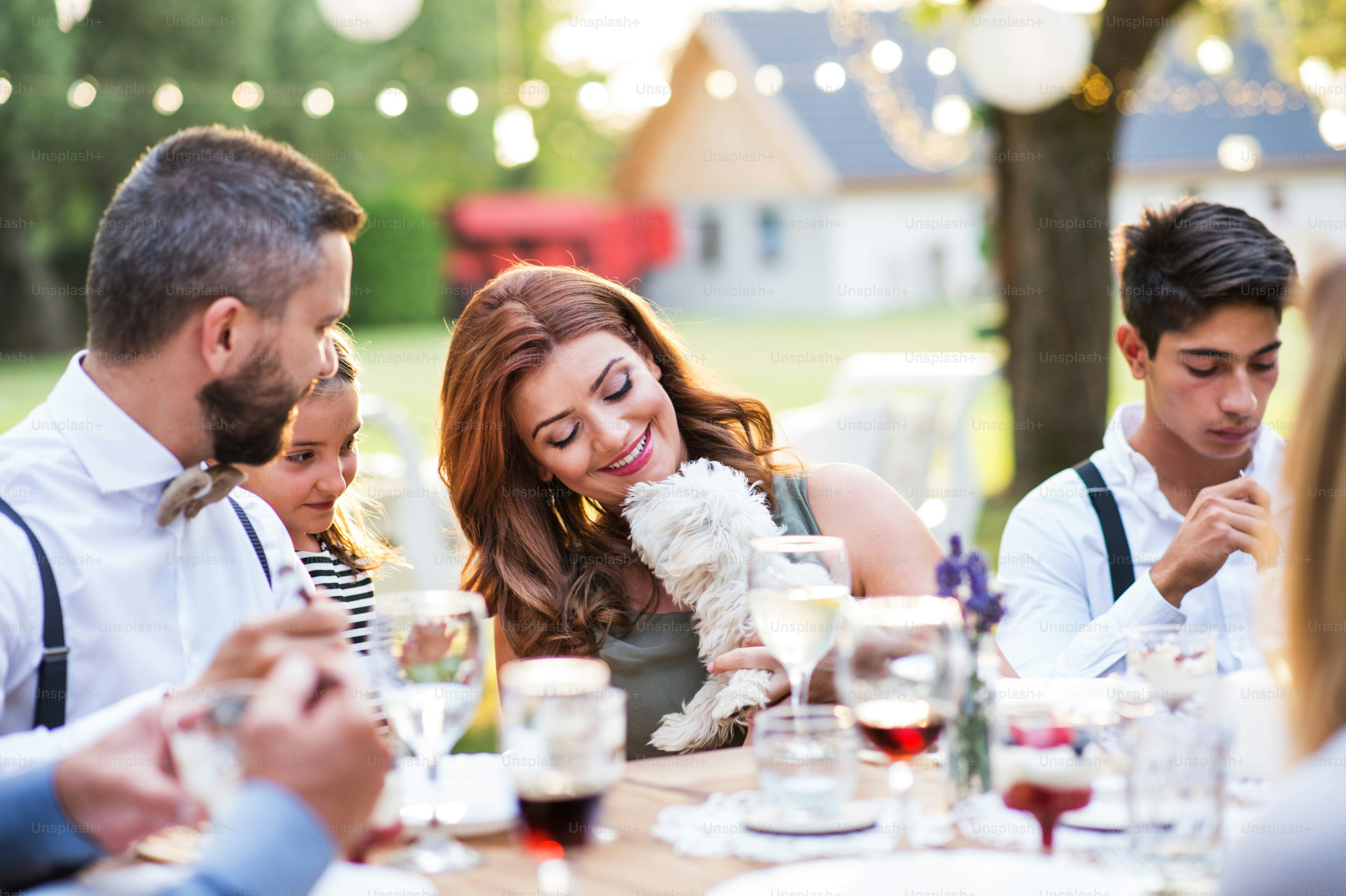 Invités avec un petit chien blanc assis à la table à l’extérieur dans la cour.