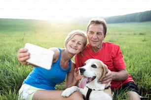 Casal de idosos correndo com seu cachorro, descansando, tirando selfie com smartphone. Natureza verde ensolarada do verão.