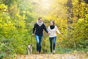 Beautiful young couple with dog running in colorful sunny autumn forest