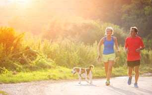 Active seniors running with their dog outside in green nature