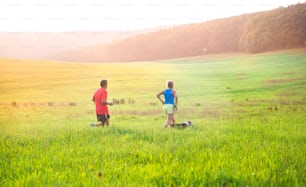 Active seniors running with their dog outside in green nature