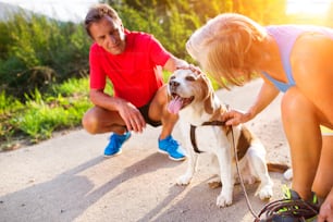 Personas mayores activas preparándose para correr con su perro afuera en la naturaleza verde