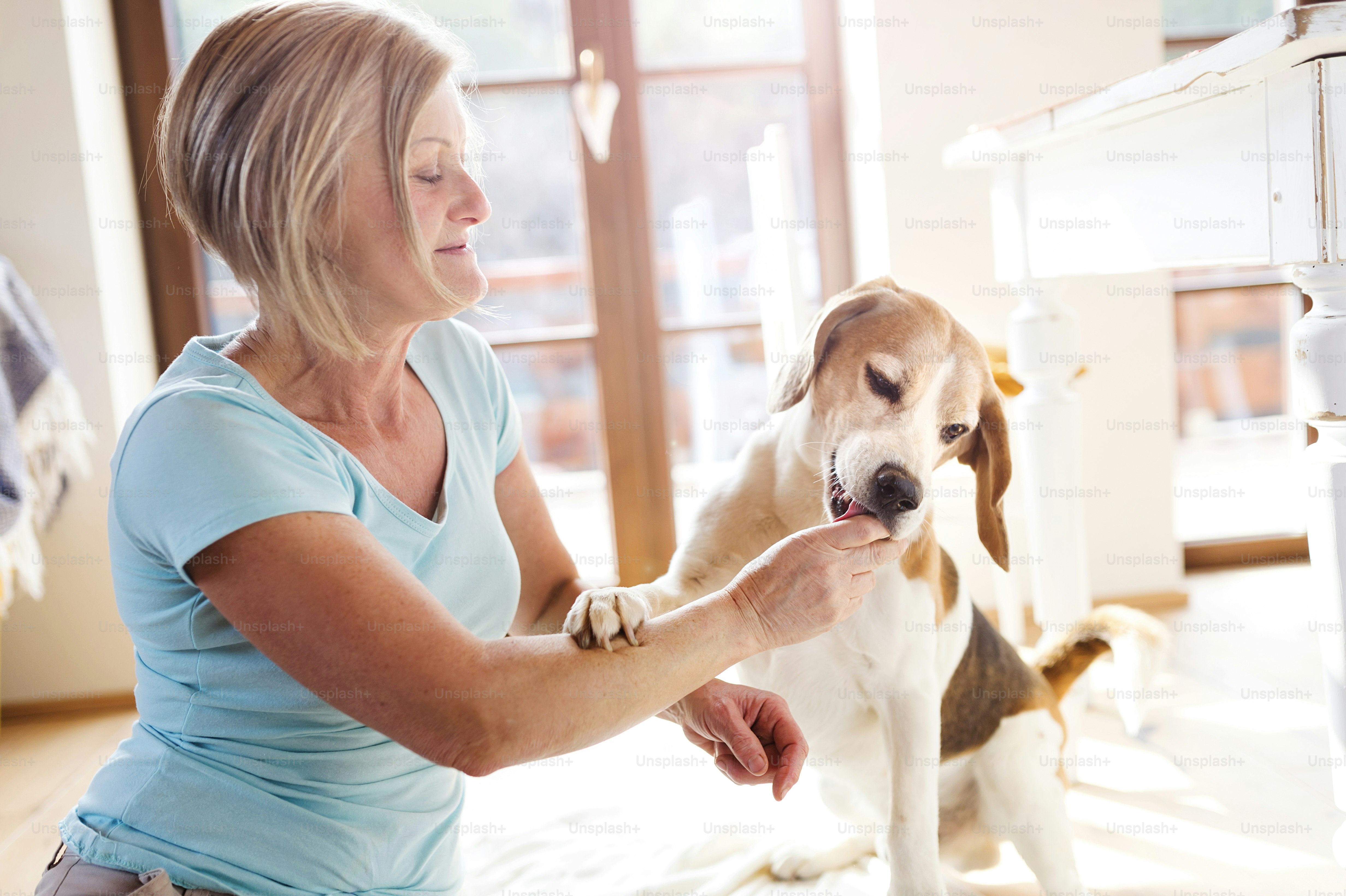 Senior woman with dog inside of her house.
