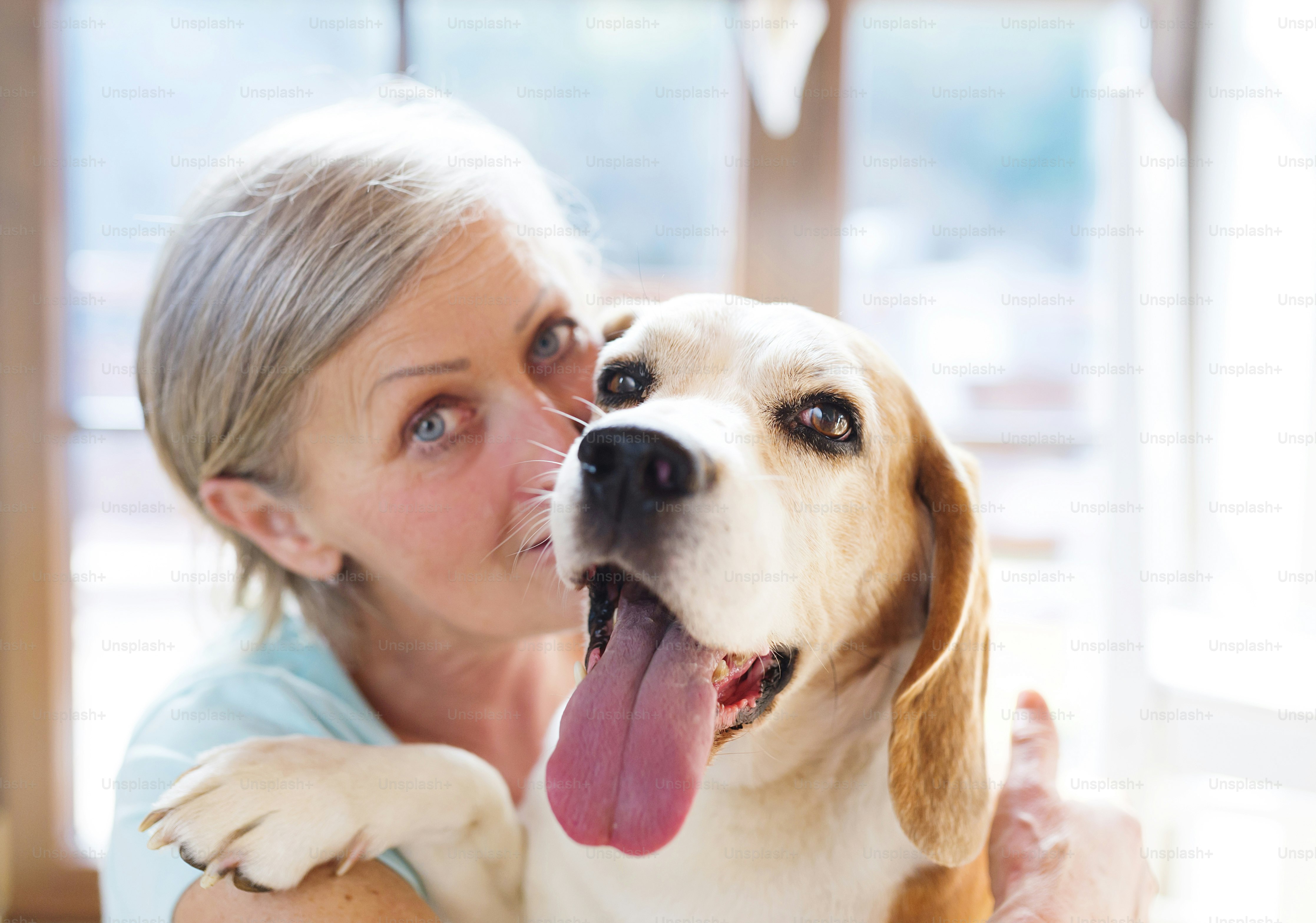 Senior woman with dog inside of her house.