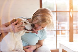 Senior woman with her dog inside of her house.