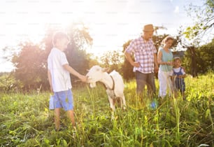 Happy young family spending time together outside in green nature with a goat.