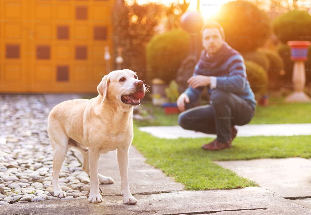 Man having fun and playing with his dog