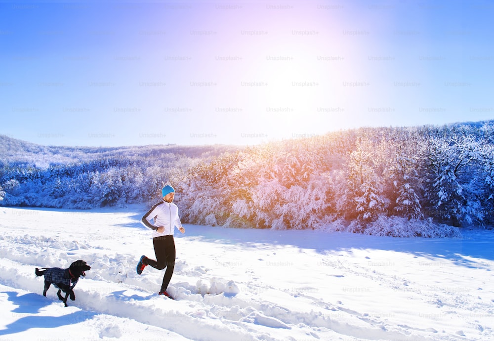 Giovane sportivo che fa jogging con il cane fuori nel soleggiato parco invernale