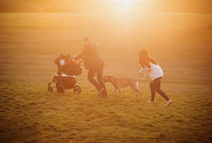 Happy young family on a walk outside on a green meadow at the sunset.