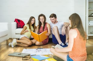 Group of young students studying together and preparing for exams in home interior