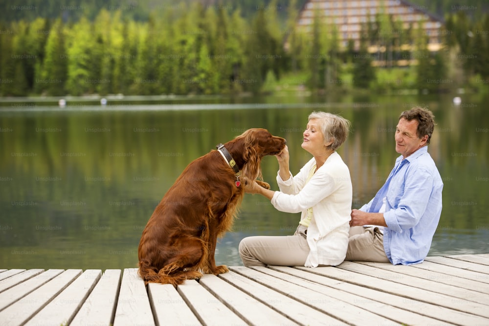 Coppia senior con il cane che si siede sul molo sopra il lago di montagna con le montagne sullo sfondo