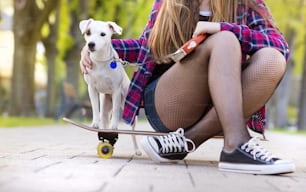 Close-up of legs of teenage girl on skateboard with her dog