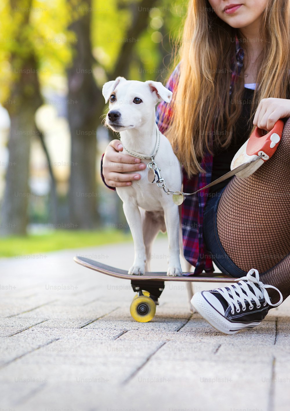 Primer plano de las piernas de una adolescente en monopatín con su perro