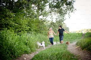 Giovane coppia felice sta camminando i loro due cani nella natura verde