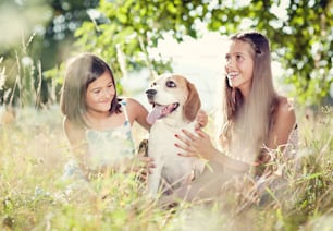 Two sisters playing with their beagle dog in green sunny park