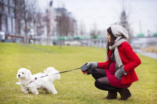 Winter outdoor portrait of pregnant woman in fashionable clothes walking two dogs