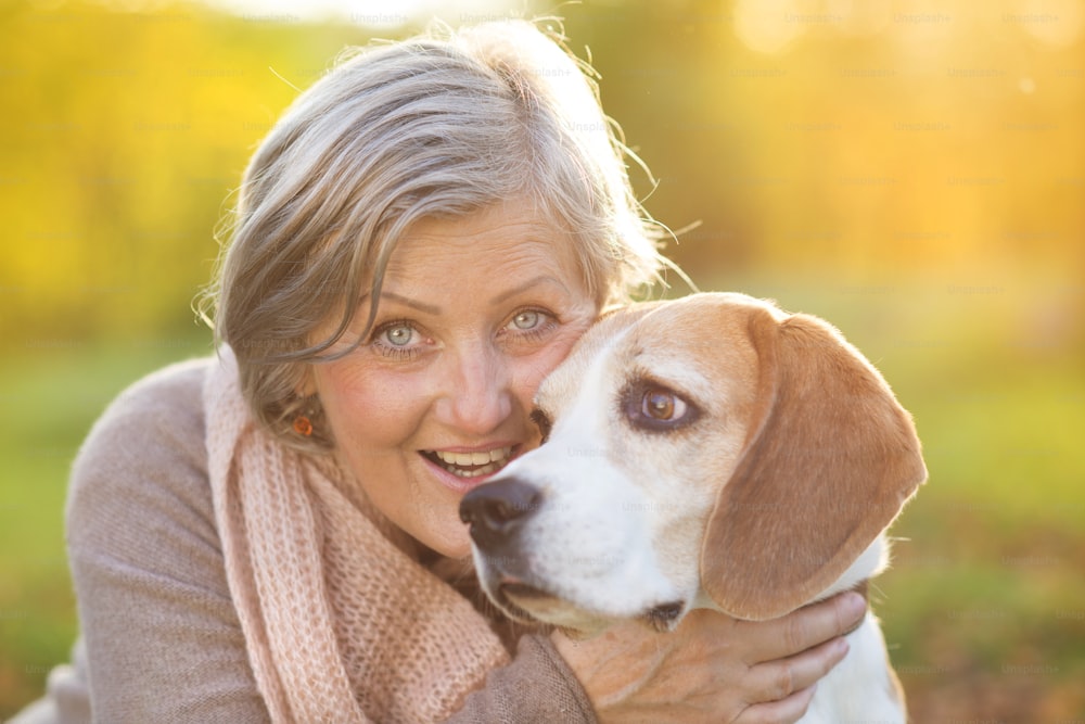 Senior woman hugs her beagle dog in countryside