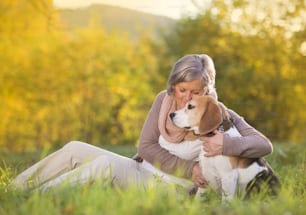 Une femme âgée embrasse son chien beagle à la campagne