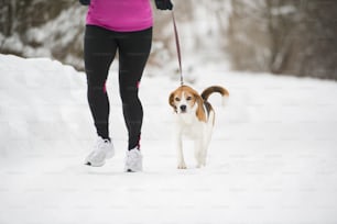 La mujer atleta está corriendo durante el entrenamiento de invierno afuera en clima de nieve fría.