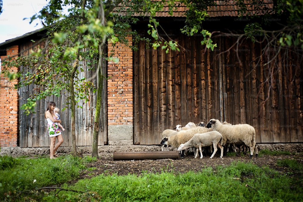 Young family is enjoying a day on the farm