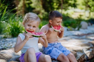 Little chidren sitting near a lake and eating watermelon on hot sunny day during summer vacation.