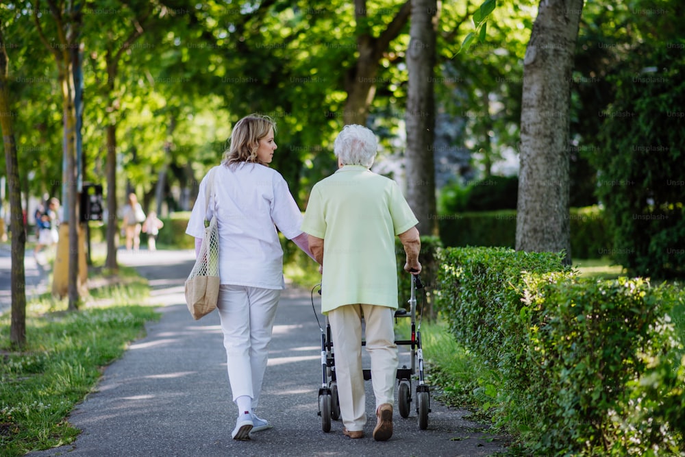 買い物袋を持って公園で歩行器と散歩中の介護者と年配の女性の背面図。